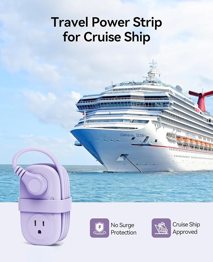 ORICO 4FT Purple Travel Power Strip with 4 AC Outlets, 2 USB-A Ports, and 1 USB-C Port, 45° Flat Plug Extension Cord with Non Surge Protector for Travel/Home/Dorm/Office-AP3