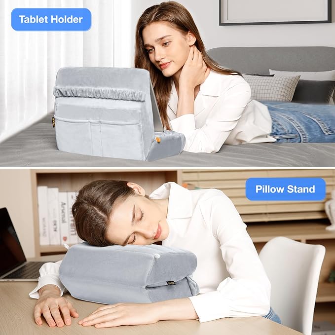MOSISO Tablet Pillow Stand,Soft Tablet Holder for Lap,Tablet Soft Pad Dock with Pockets&Stylus Slot&4 Viewing Angles Compatible with iPad Pro 12.9,11,10.5,9.7,Air Mini 6,5,4,3, E-Reader, Gray