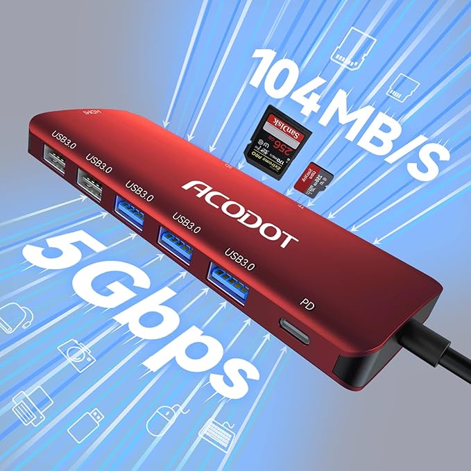 Acodot 9-in-1 USB C Hub Multiport Adapter - 4K@60HZ HDMI, 3 USB 3.0 Ports, SD/TF Card Reader, 100W PD for MacBook Pro Air HP XPS - Red