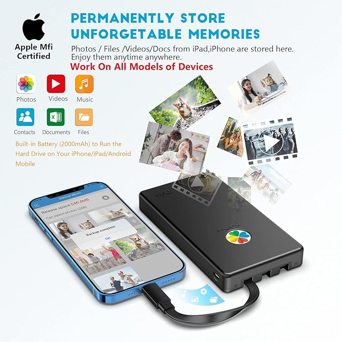 iDiskk App-le Certified, 2TB External Hard Drive,for iPhone iPad Android Phones,MacBook,Computer to Backup Docs| Photos | Videos,iPhone 17 & 16 Photo Stick Photo Storage Phone Drive