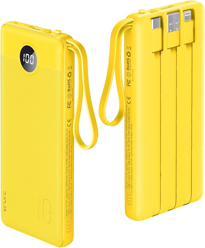 VRURC Portable Charger with Built-in Cables, 10000mAh LED Display USB C Power Bank, Slim Travel Battery Pack with 5 Output 2 Input Compatible with iPhone,Samsung,Android etc-Yellow(1 Pack)