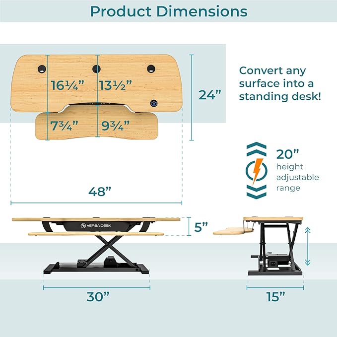 VERSADESK 48 Inch Extra Wide Electric Standing Desk Converter, PowerPro™ Height Adjustable Sit to Stand Desk Riser with Keyboard Tray, Built-in USB Charging Port, Hold 80 lbs, Maple