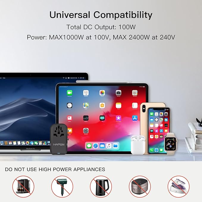 Universal Travel Adapter, PD100W International Power Adapter,3 USB-C & 2 USB-A Fast Charging Travel Charger, All in One Worldwide Travel Plug Adapter, Outlet Adapter for EU UK USA AU, Black