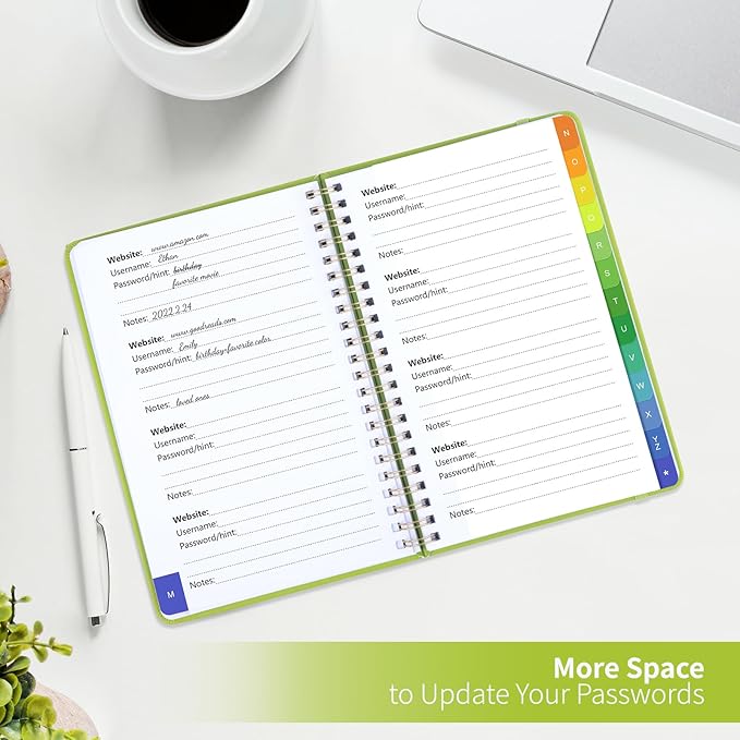 Password Book with Alphabetical Tabs, Password Keeper Book for Seniors, Individual & Colorful Tabs, Spiral Hardcover Password Notebook for Website Logins, 5.7" x 7.7", Grass Green