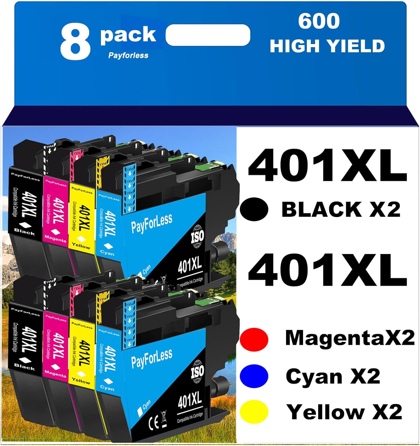 LC401XL Ink Cartridges for Brother Printer Compatible LC401 Ink Cartridges for MFC-J1010DW MFC-J1012DW MFC-J1170DW Printer 8 Pack (2 Black, 2 Cyan, 2 Magenta, 2 Yellow)