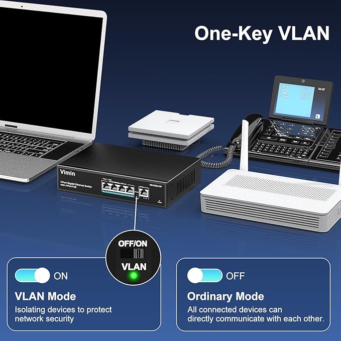 4 Port Gigabit PoE Switch with 1 Uplink Gigabit Ports, VIMIN 5 Port Unmanaged Ethernet PoE Switch with 72W Power, Support IEEE802.3af/at, VLAN, Metal Housing, Desktop or Wall-Mount, Plug & Play
