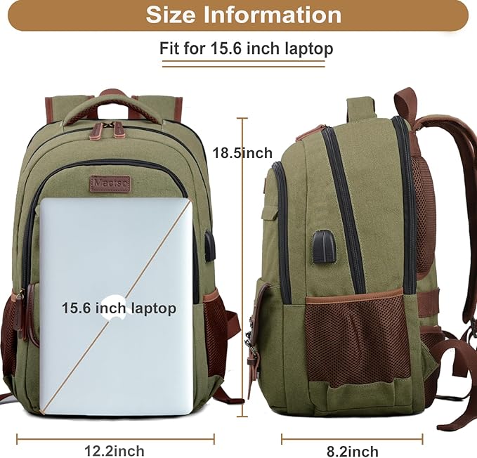 Mactso Canvas Travel Laptop Backpack for Men Women, Business Work Rucksack College School Computer Bag Fits 15.6 Inch Notebook,Bookbag with USB Charging Port (Green, 15.6 Inch)