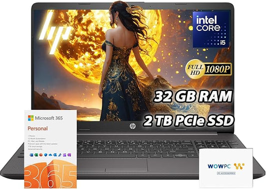 HP 250-G9 Flagship 15.6" Laptop - Special Business Edition w/Microsoft Office 365-32GB RAM | 2TB SSD - Intel Core i5 10-Core Processor - 15.6" FHD - Wi-Fi 6 - Win 11 - w/WOWPC Recovery USB