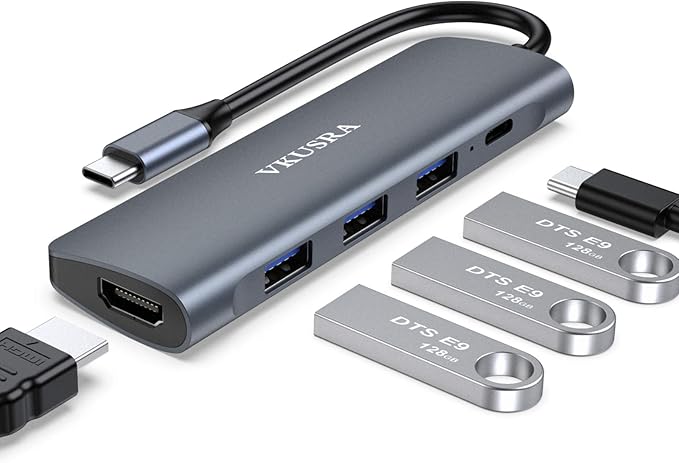 USB C Hub Multiport Adapter, VKUSRA 5 in 1 Dongle USB C to 4K HDMI, 3 USB 3.0 Port, 100W PD, USBC Adapter for MacBook, XPS, Laptop, PC, and More Type C Devices