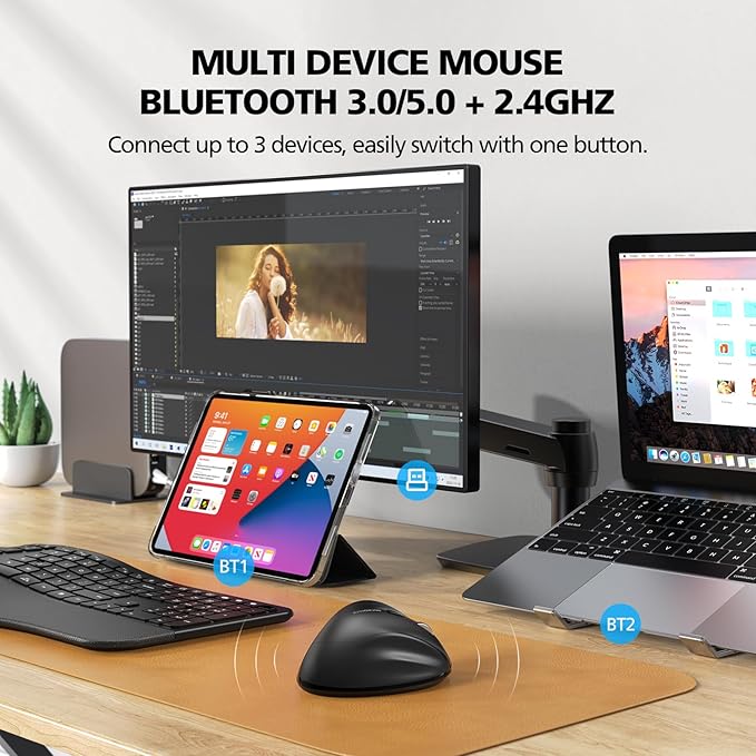 Bluetooth Wireless Mouse Ergonomic Vertical for Laptop Computer Macbook iPad Tablet Rechargeable Silent Click USB Carpal Tunnel Right Hand Compatible with Windows iOS Mac OS Android Black