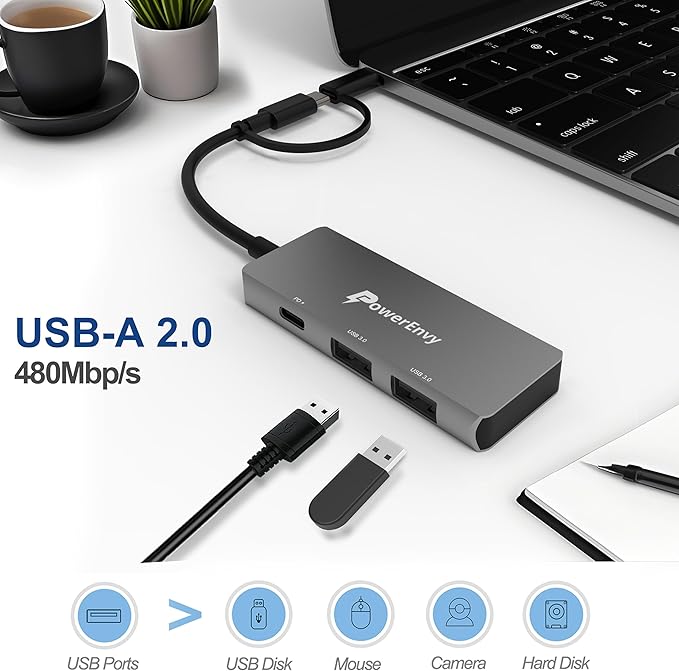 USB C Hub Multiport Adapter – USB C to 2 USB A & 100W Charging Port with Type C to Micro Plug – Compatible with MacBook, iPad Pro/Air, Dell XPS, MateBook & More