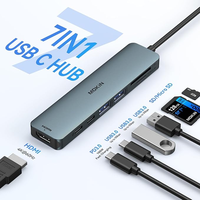 USB C Hub HDMI Adapter for MacBook Pro/Air, MOKiN 7 in 1 USB C Dongle with HDMI, SD/TF Card Reader, USB C Data Port,100W PD, and 2 USB 3.0 Compatible for MacBook Pro/Air, Dell XPS, Lenovo Thinkpad.
