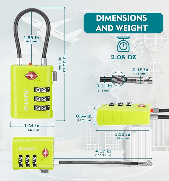 ANVIL TSA Approved Luggage Locks – High Security TSA008 Combination Travel Locks with Inspection Indicator for Suitcases and Backpacks. (3, Grass Green)
