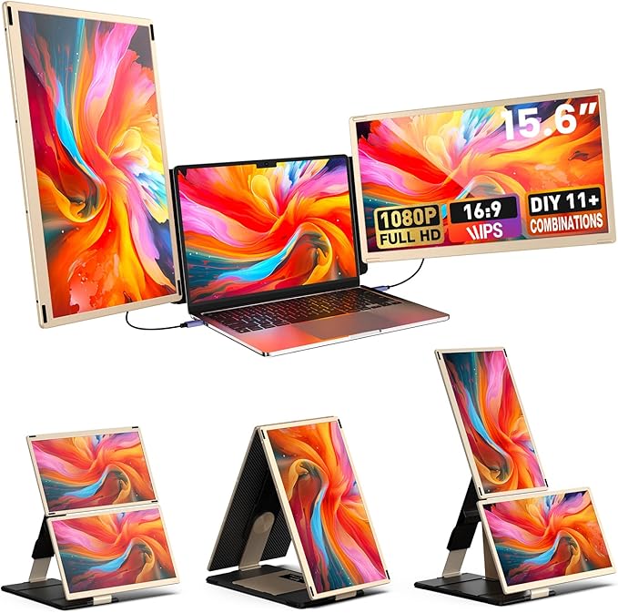 Laptop Extender 15.6-inch, 1080P FHD Portable Monitor with 120% sRGB, 235Rotation Detachable Screen, Plug & Play, Triple Screen Laptop Monitor Extender Compatible with Windows, Mac, Chrome