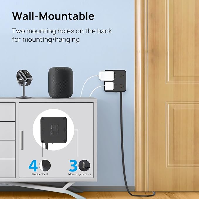 TROND Surge Protector Power Strip with USB Ports, 5ft Flat Plug Extension Cord with Multiple Outlets, 1440J, Wall Mount for Home Office Dorm Room Essentials, Black