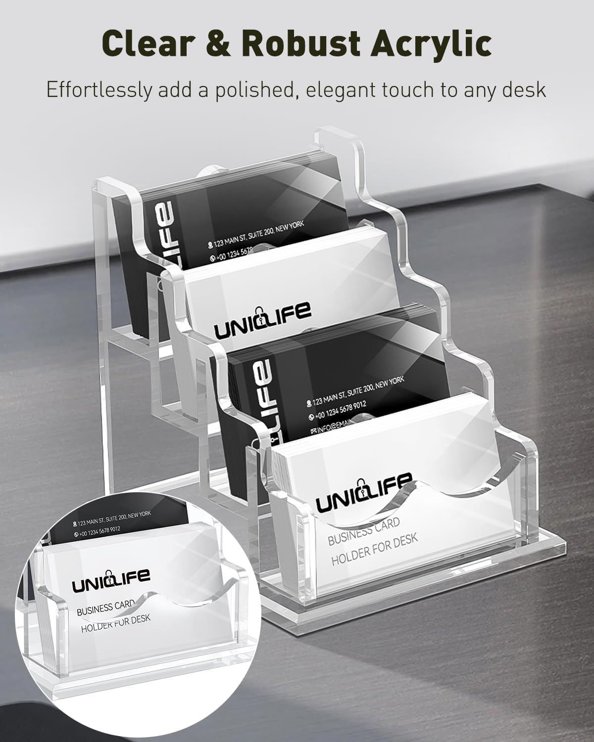 Uniclife Acrylic Business Card Holder for Desk 4 Slots Clear Horizontal Business Card Display Stand for Men & Women Desktop Name Card Organizer Card Stand for Office Home Exhibition, 240 Card Capacity
