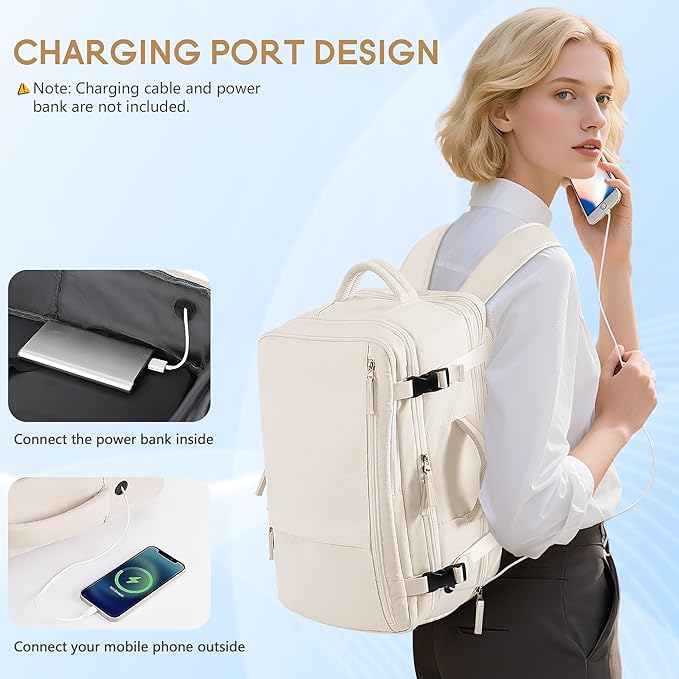 Beraliy Travel Backpack, Large Carry On Backpack, Personal Item Travel Bag, Airline Approved 17 Inch Laptop Backpack, College Weekender Business Hiking Bag, Beige