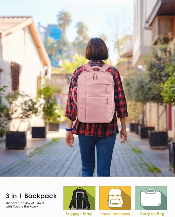 Capolo Travel Backpack for Women Men Waterproof Laptop Backpack Airlines Approved Carry On Backpack Bag Computer Bookbag for Business, Work, Traveling Fits 15.6 Inch Laptop(Pink)