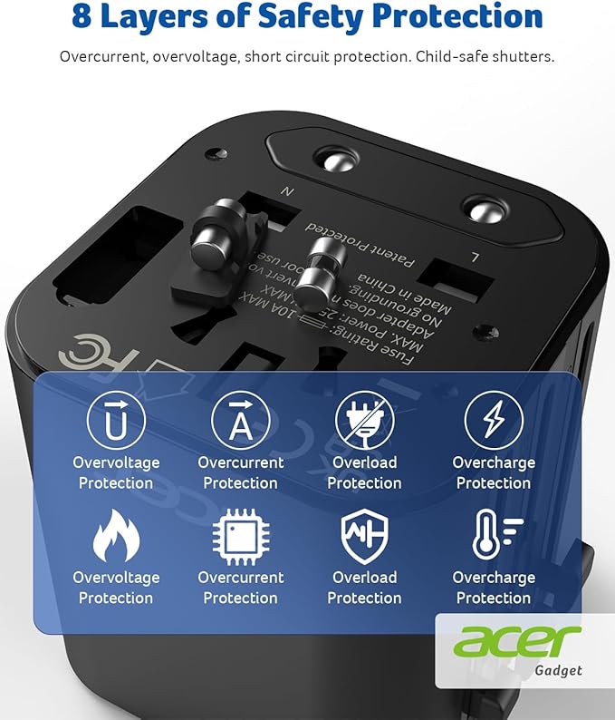 Acer US to Europe Plug Adapter, Universal Travel Adapter, International Power Adapter for USA to Europe UK France Germany Spain Ireland Australia (Type C/G/A/I),Black
