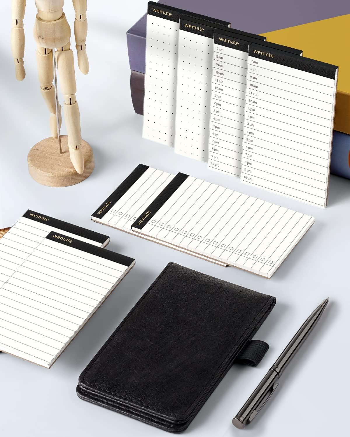 WEMATE 10 Pieces Small Notepad Holder Set Pocket Notebook - Included Mini Pocket Notepad Holder Set with 8 Memo Book Refills and Metal Pen for Meetings, Daily Records, and Notes 3 x 5 Inch (Black)