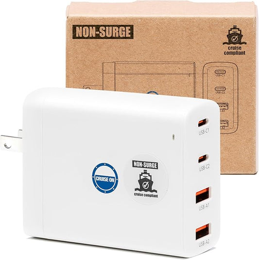 Cruise Approved Power Strip (Royal Caribbean, Disney & More) - Non Surge Charger [2 USB, 2 USB-C] 4-Port Charging Block w/Foldable Plug for iPhone, iPad, Laptops & More - Cruise Ship Essentials 2025