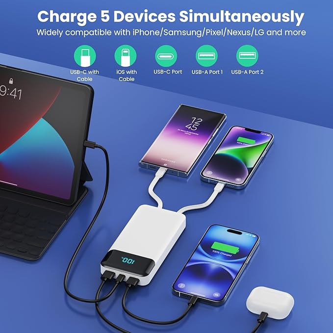 Portable Charger 40800mAh with 3 Built-in Cables,PD 25W USB C in&Out Power Bank Fast Phone Charging,QC4.0 LED Display 5 Outputs External Battery Pack Compatible with iPhone 17/16,Samsung Android-White