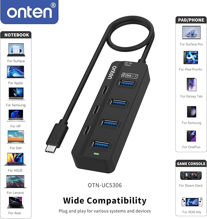Onten USB-C Hub, USB-Type C to USB-A 3.0,7-Port USB-C HUB with Cable 1M.