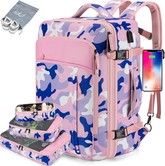 Travel Backpack 42L Carry on Backpack Flight Approved Expandable Travel Backpack Carry on Backpack Luggage Daypack (Pink Camouflage)