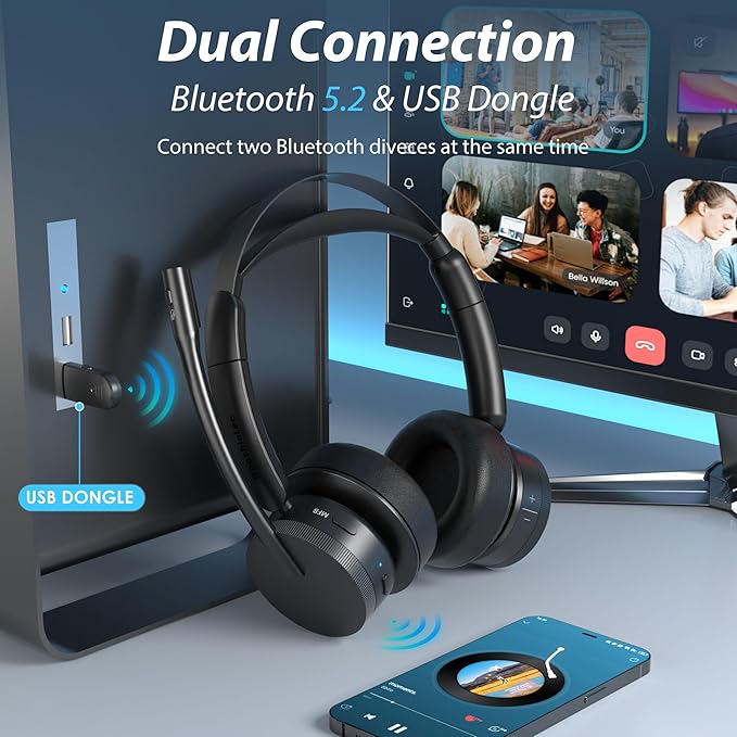 Wireless Headset with Mic for Work(Upgrade Volume Knob & Charging Indicator), Bluetooth Headset with Microphone for PC, with Noise Cancelling/Mute/USB for Call Center/Office/Home/Computer/Teams/Zoom