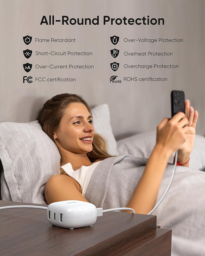 SUPERDANNY 6-Port USB Charger, 40W 8A Mini USB Charging Station, Charging Station for Multiple Devices, 4ft Cable, Compatible with iPhone, iPad, Galaxy, Pixel, for Travel, Cruise, White