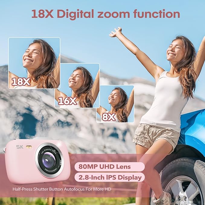 Digital Camera,5K Cameras for Photography,80MP UHD Portable Vlogging Camera,Cheap 18X Zoom Travel Point and Shoot Camera with 32GB TF Card,Photography Cameras for Beginners Teen - Pink