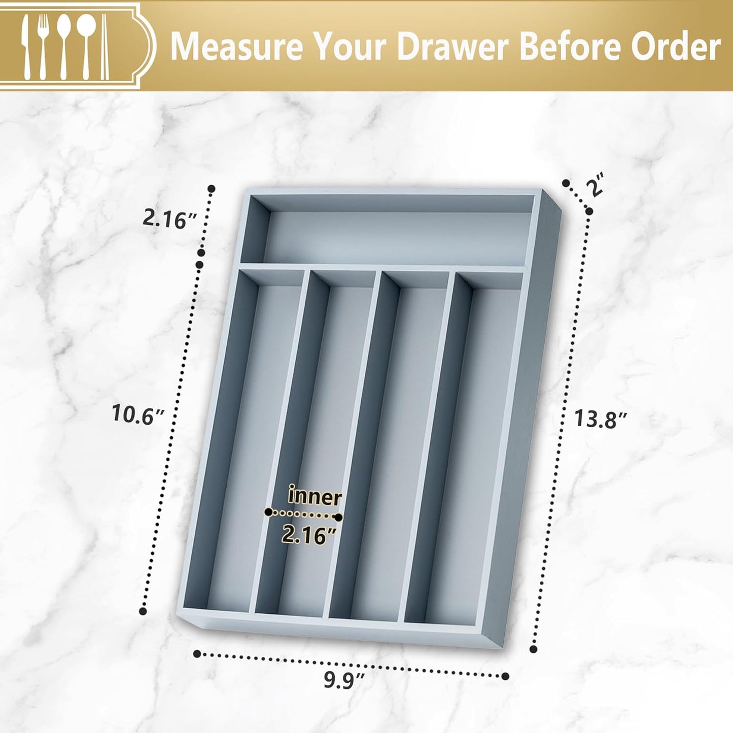 Silverware Organizer, 10 Inch Utensil Organizer Kitchen Drawer Organizer Bamboo Silverware Holder Cutlery Tray Organizer in Drawer Flatware Organizer Tray(5 slots, Gray）