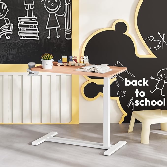 SANODESK Medical Adjustable Overbed Bedside Table with Hidden Casters, Pneumatic Mobile Laptop Computer Standing Desk Cart with Tray, Hospital and Home Use(27.6" W x 15.7" D, Pink)