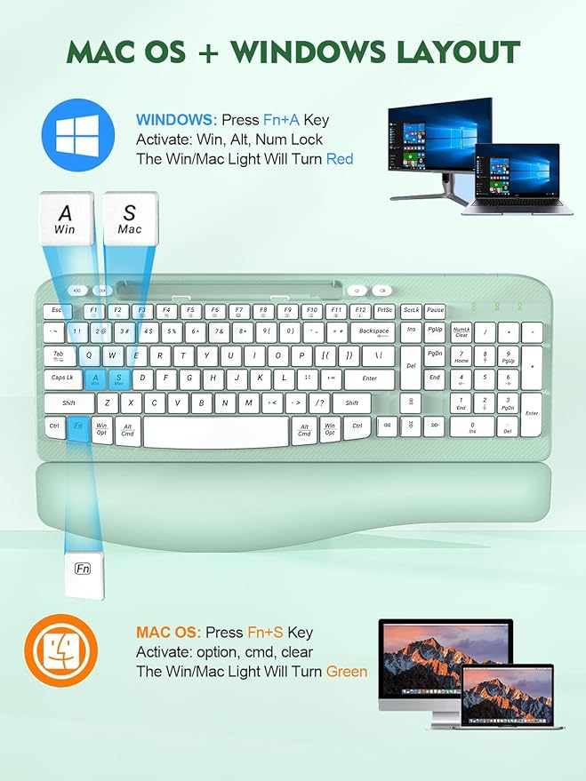 Ergonomic Wireless Keyboard with Cushioned Wrist Rest, Wave Keys, Phone Holder, Comfortable Natural Typing, 2.4GHz Full Size Cordless USB Computer Keyboard for Laptop, Mac, Windows (Mint Green)