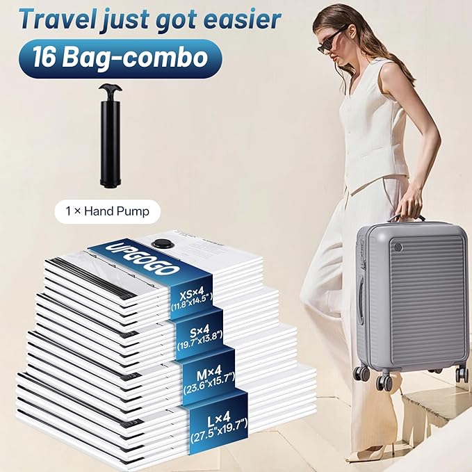 Travel Vacuum Bags for Luggage with Hand Pump,Vacuum Seal Bags for Clothing,Packing Cubes Compression,Cruise Ship and Travel Essentials(Combo 16 Pack)