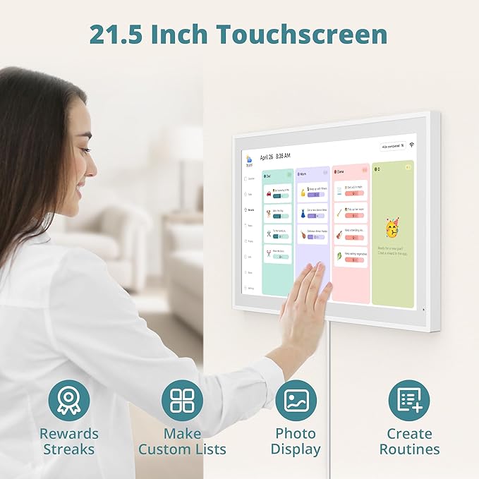 Digital Calendar 21.5 Inch Touch Screen, Electronic Wall Calendar Chore Chart for Family Monthly/Weekly Planner, Interactive Display Smart Calendar for Home Organization, Desk Mount Included - White