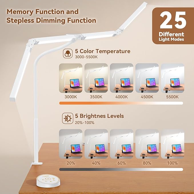 Led Desk Lamp with Clamp: Architect Desk Lamp for Home Office, Eye Caring Double Head Computer Monitor Gooseneck Desk Light with Remote Control - 24W Flexible Dimmable Desktop Table Lamp White