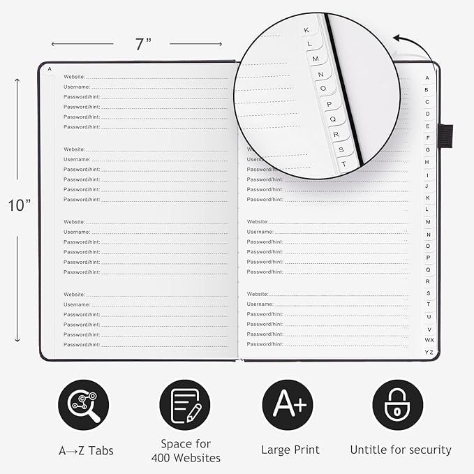 JUBTIC Password Book with Individual Alphabetical Tabs, 7"x10" Internet Password Keeper Book for Seniors, Password Notebook and Organizer/Notes Section, Black