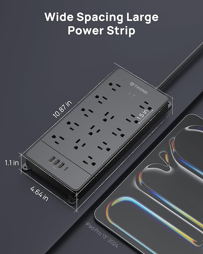 TROND Surge Protector Power Strip, 360° Rotating Flat Plug, 13AC Widely Spaced Outlets Expansion with USB C Port, 4000 Joules, 5ft Extension Cord Heavy Duty, Wall Mount, Under Desk, ETL Listed, Black