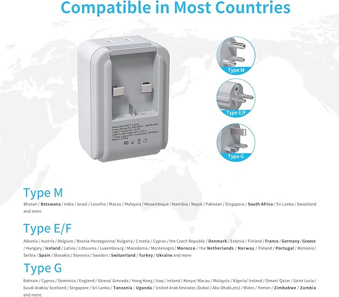 South Africa Power Adapter Kit, VINTAR International Plug Adapter with 3 USB Ports (2 USB C, 3.4A) 2 American Outlets, Type M,G,E/F Detachable Attachments, Adapter for US to Africa Botswana Morocco