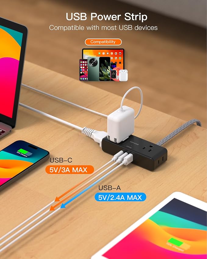 Black Flat Extension Cord 3 feet, Flat Plug Power Strip, 4 Widely Outlets with 3 USB Ports (2 USB C), 3 Side Outlet Extender with Extension Cord with Multiple Outlets for Home, Dorm Room Essentials