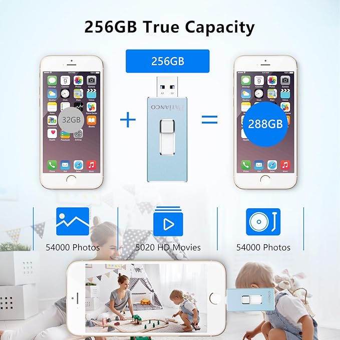 USB Flash Drive 256GB, Apple MFi Certified Photo Stick for iPhone Thumb Drive, iPhone-Memory-Stick for iPad/iPhone/Computer Picture Keeper Portable Hard Drive Blue