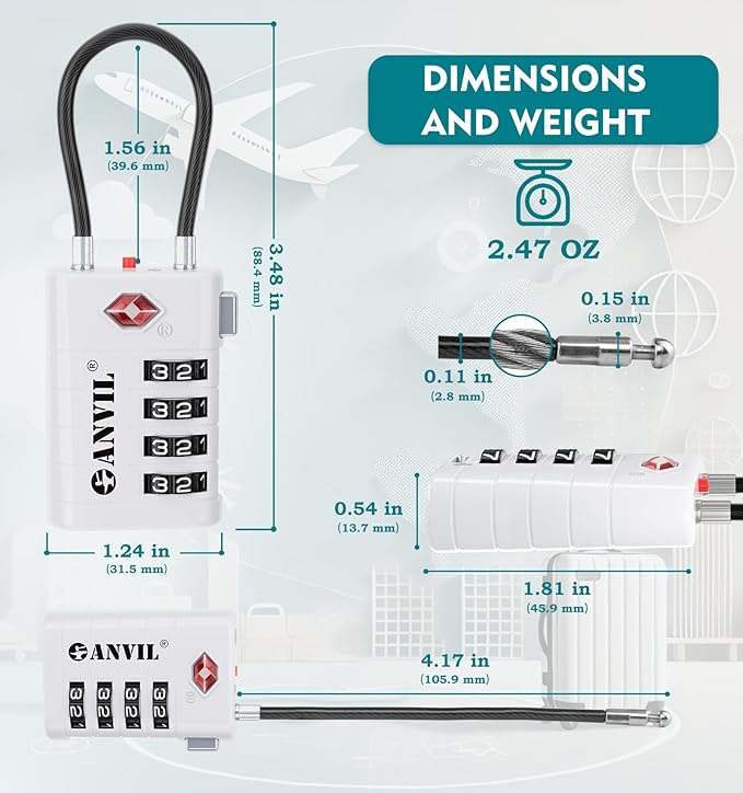 ANVIL 4 Digit Luggage Locks, TSA Locks for Luggage, Advanced TSA008 core, Alert Indicator for Your Travel Lock, Suitcase Lock. (2, White)