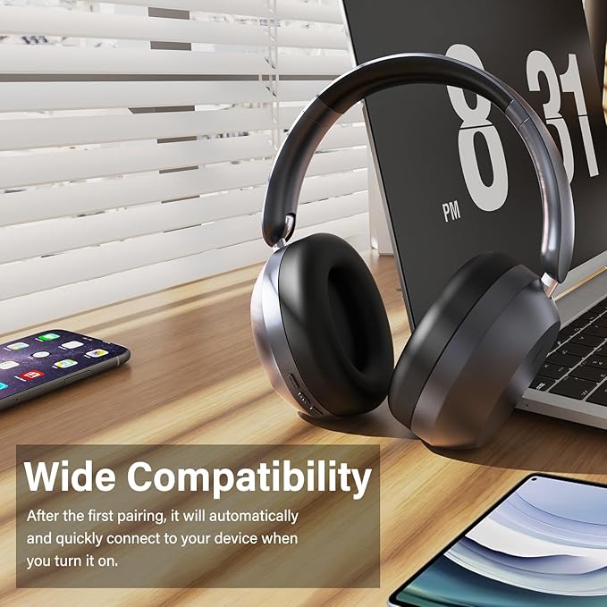 Wentronic Y05 Bluetooth Headphones Wireless Over Ear Noise Cancelling with Microphone 48 Hours Playtime, High Sound Quality Foldable Soft Earpads Earphones for Travel-Space Grey