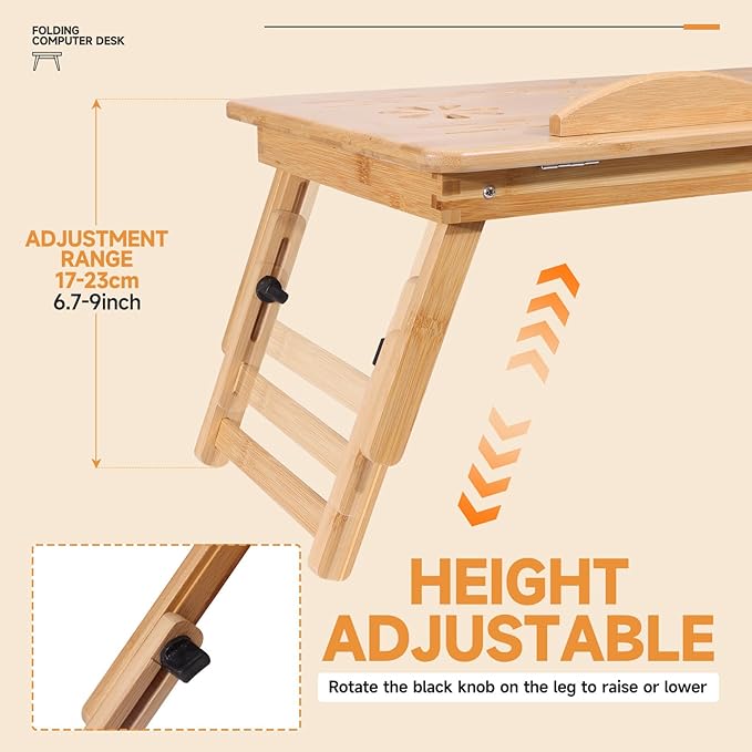 Adjustable Bamboo Laptop Desk with Cooling Fan, Foldable Bed Tray for Breakfast, Writing, and Drawing, with Tilting Top and Drawer, Portable Lap Desk for Bed, Sofa, and Floor.