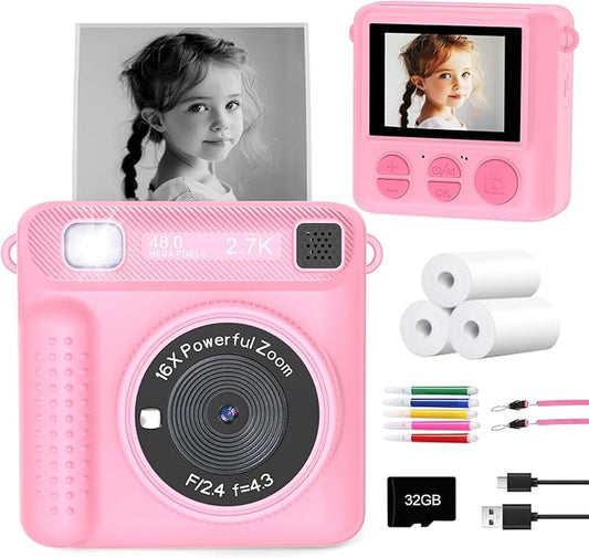 Kids Instant Print Camera - Christmas Birthday Gifts for Girls Boys, Instant Cameras That Print Photos for 4 5 6 7 8 9 10 Year Old Girl Birthday Gift with 32GB SD Card