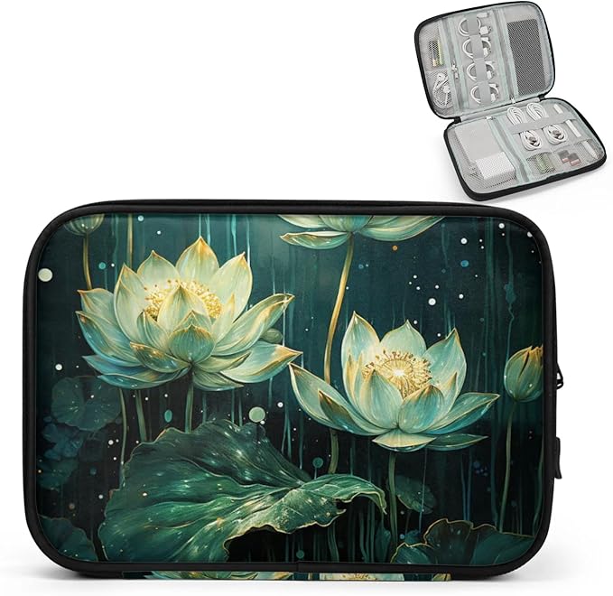 Cyan Lotus Flowers Electronics Travel Organizer Case, Tech Accessories Cable Storage Bag for Cords, Charger, Phone, Hard Drive