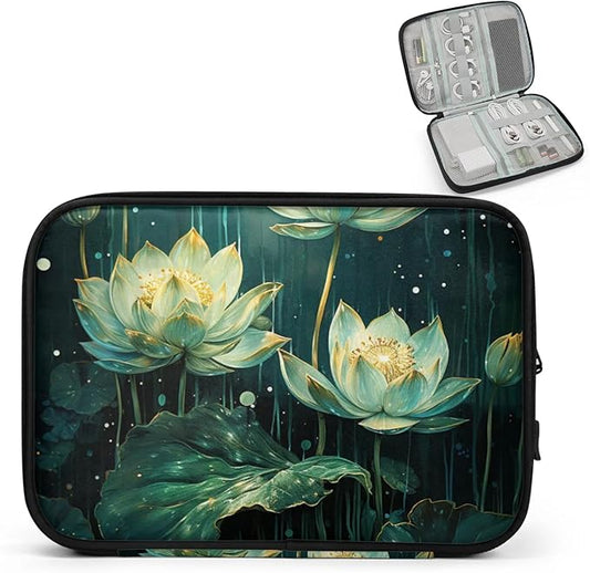 Cyan Lotus Flowers Electronics Travel Organizer Case, Tech Accessories Cable Storage Bag for Cords, Charger, Phone, Hard Drive