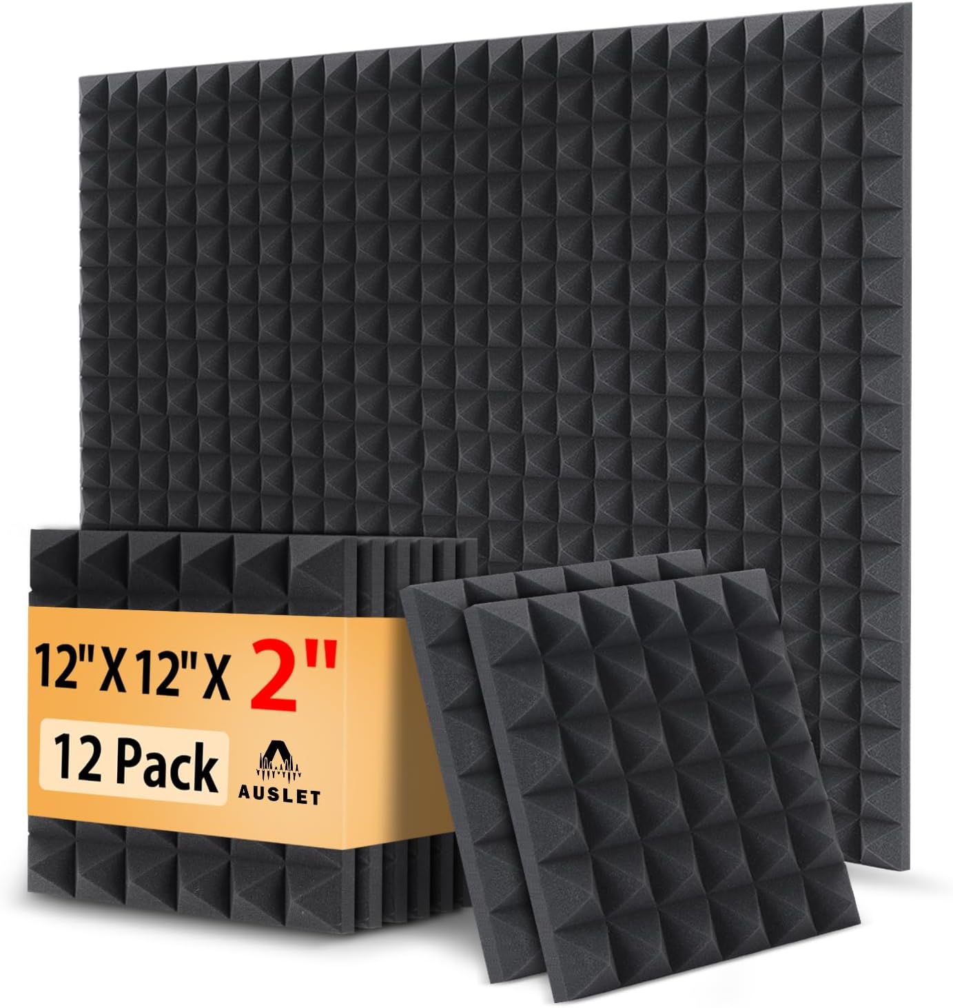 12 Pack Pyramid Acoustic Foam Panels – 12" x 12" x 2" High Density, Fire-Resistant Soundproof Wall Panels for Home Studio, Recording Room & Office