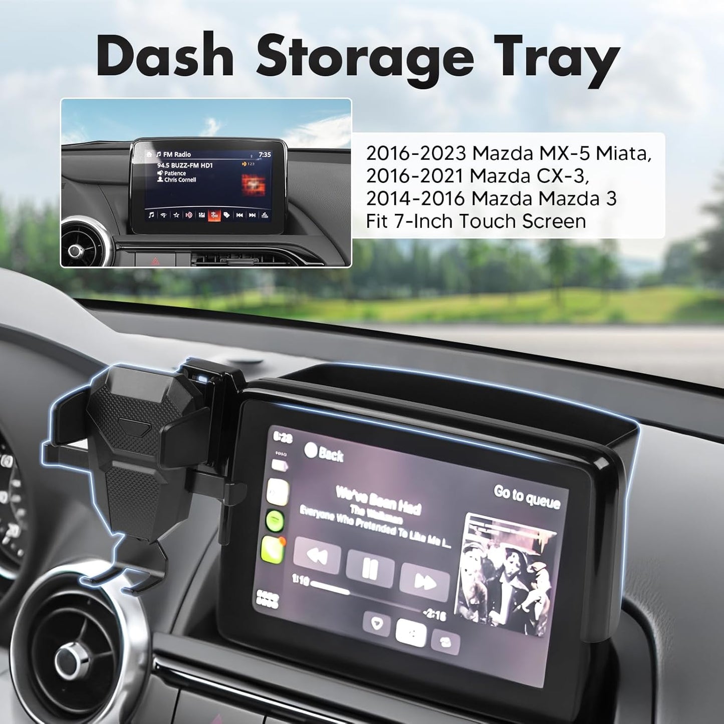 FIILINES Phone Holder for Mazda MX-5 Miata 2016-2023/CX-3 2016-2021/Mazda 3 2014-2016 (Fit 7" Screen), Phone Mount with Dash Organizer for CX3 Accessories, 360 Degree Rotation Dash Mount